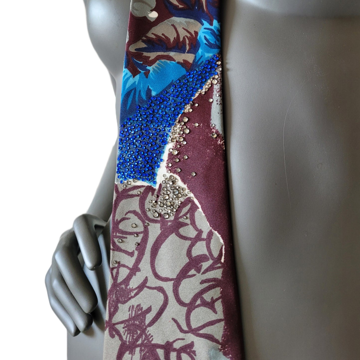 Another Dance collection: A Forest tie, retro 90's polyester necktie in blue, brown & gray with blue and black diamond glass crystals