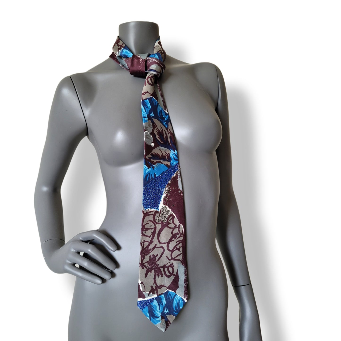 Another Dance collection: A Forest tie, retro 90's polyester necktie in blue, brown & gray with blue and black diamond glass crystals