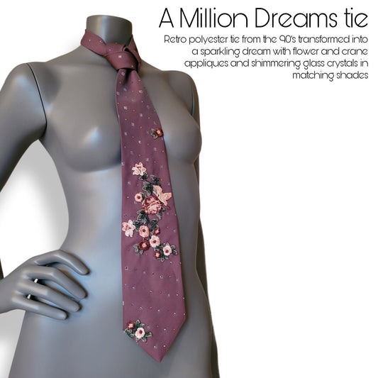 Another Dance collection: A Million Dreams tie, Retro polyester tie from the 90's transformed into a sparkling dream with flower and crane appliques and a hundred shimmering glass crystals in matching shades