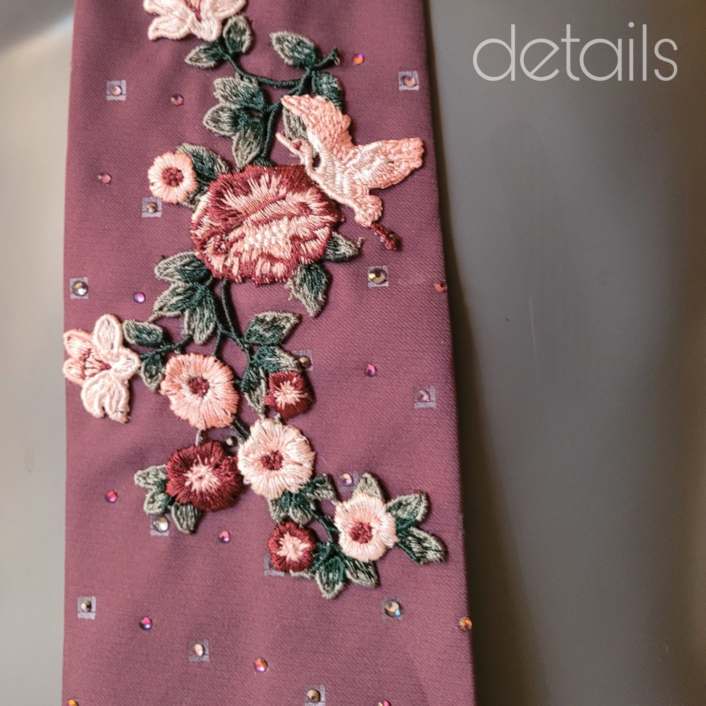 Another Dance collection: A Million Dreams tie, Retro polyester tie from the 90's transformed into a sparkling dream with flower and crane appliques and a hundred shimmering glass crystals in matching shades