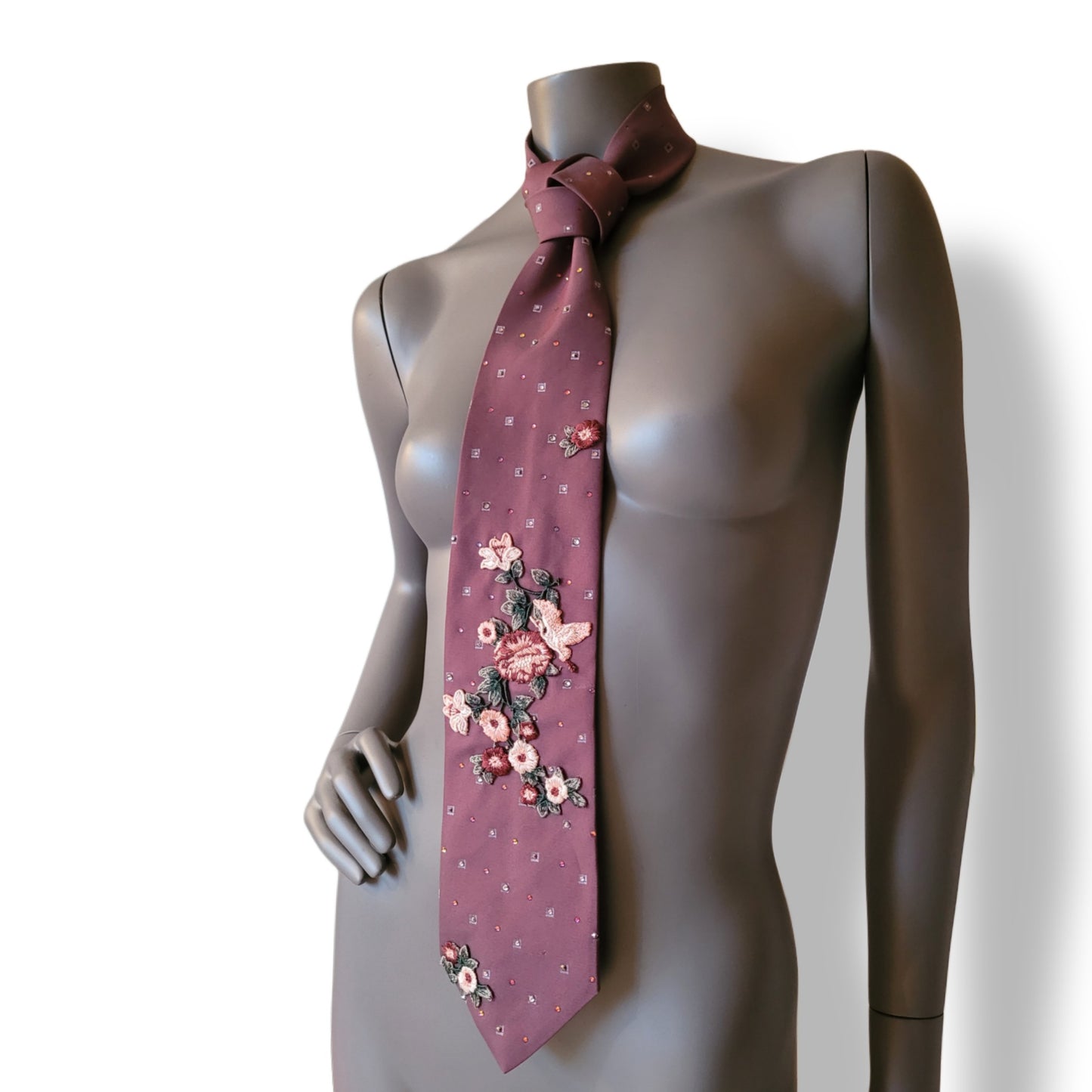 Another Dance collection: A Million Dreams tie, Retro polyester tie from the 90's transformed into a sparkling dream with flower and crane appliques and a hundred shimmering glass crystals in matching shades