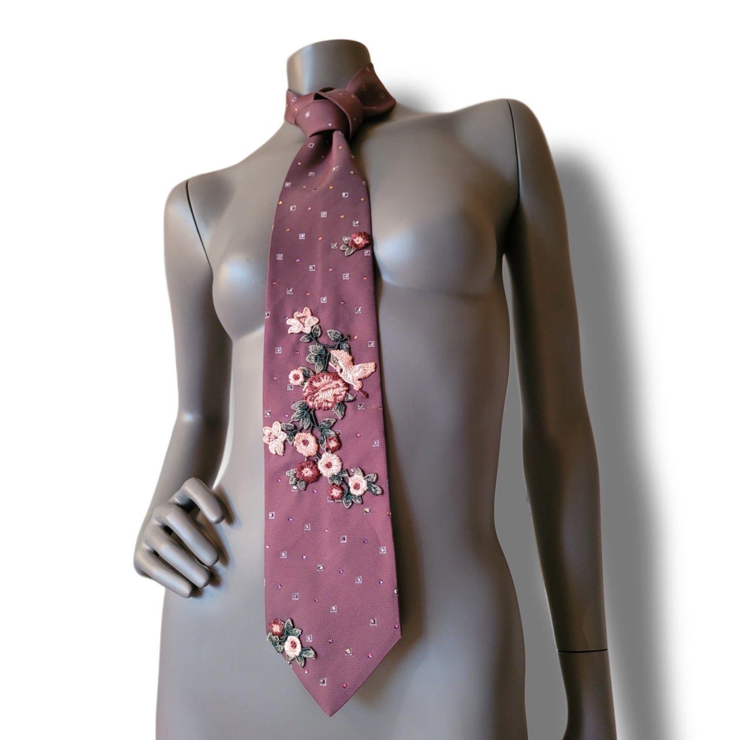 Another Dance collection: A Million Dreams tie, Retro polyester tie from the 90's transformed into a sparkling dream with flower and crane appliques and a hundred shimmering glass crystals in matching shades