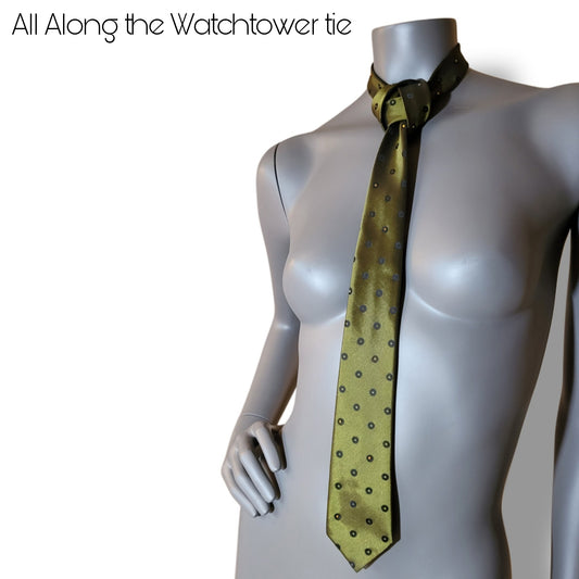 Another Dance collection: All Along the Watchtower tie, retro slim late original 60's early 70's synthetic necktie in a green shade with darker circles adorned with shimmering golden glass crystals