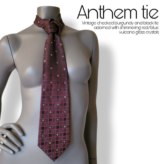 Another Dance collection: Anthem tie, vintage checked polyester tie in burgundy and black adorned with shimmering glass red and blue vulcano crystals