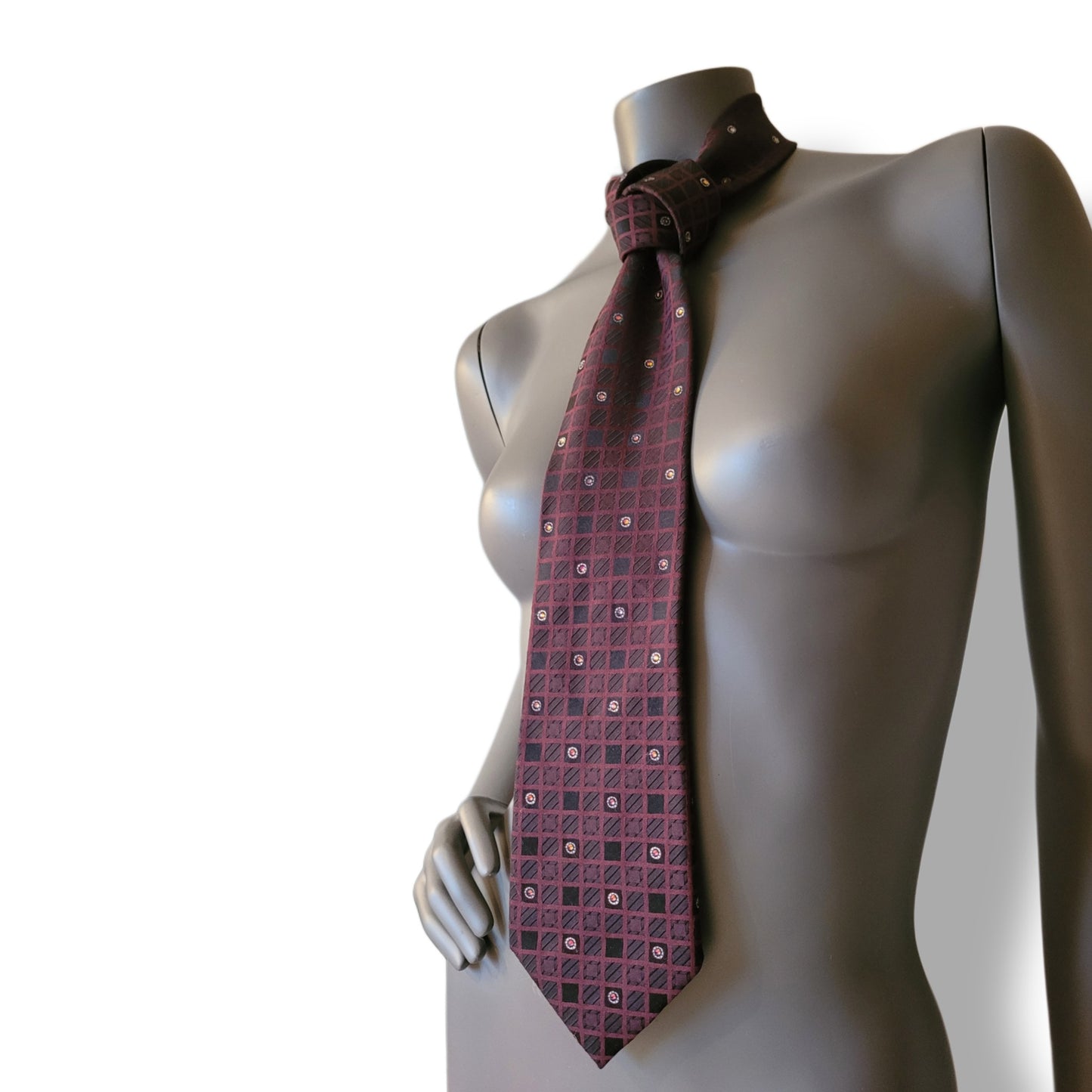 Another Dance collection: Anthem tie, vintage checked polyester tie in burgundy and black adorned with shimmering glass red and blue vulcano crystals