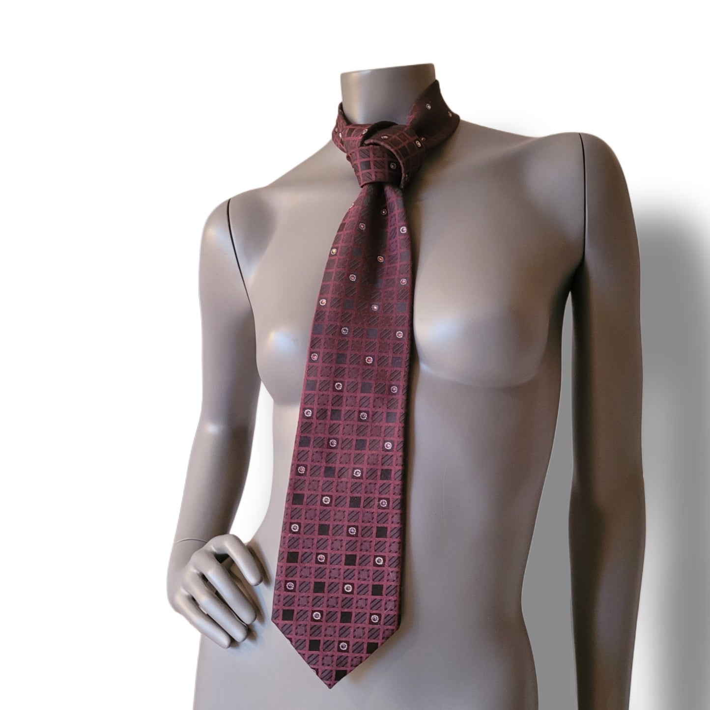 Another Dance collection: Anthem tie, vintage checked polyester tie in burgundy and black adorned with shimmering glass red and blue vulcano crystals