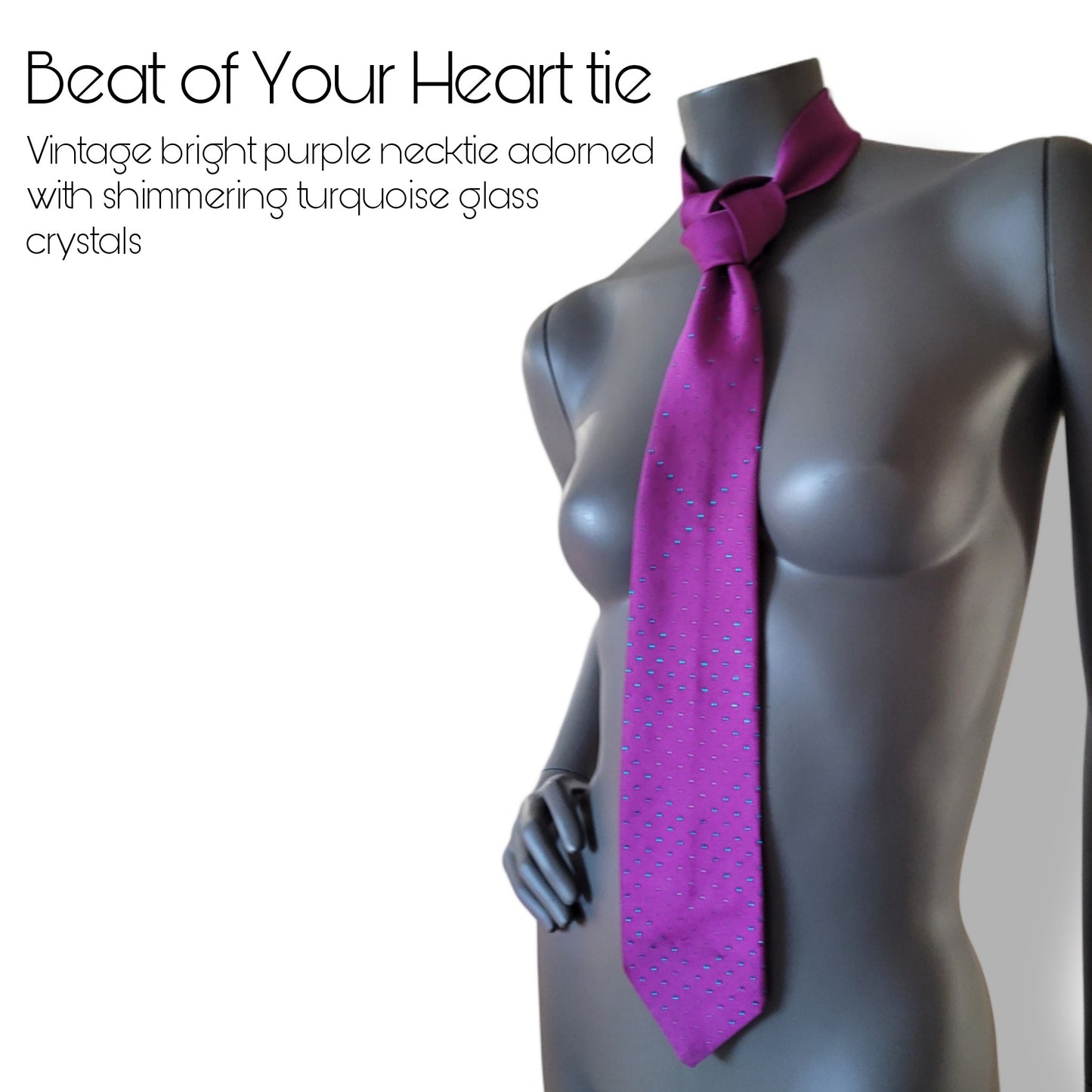 Another Dance collection: Beat of Your Heart tie, vintage bright purple necktie adorned with shimmering turquoise glass crystals