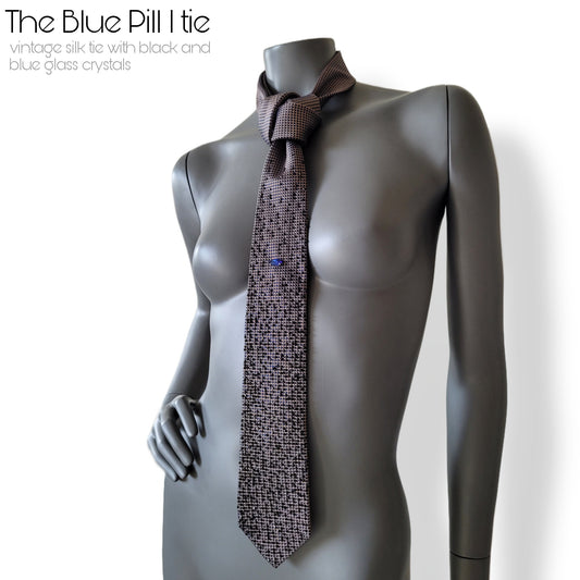 Depth of the Rabbit Hole collection: Blue Pill I tie, silk necktie with blue and black glass crystals