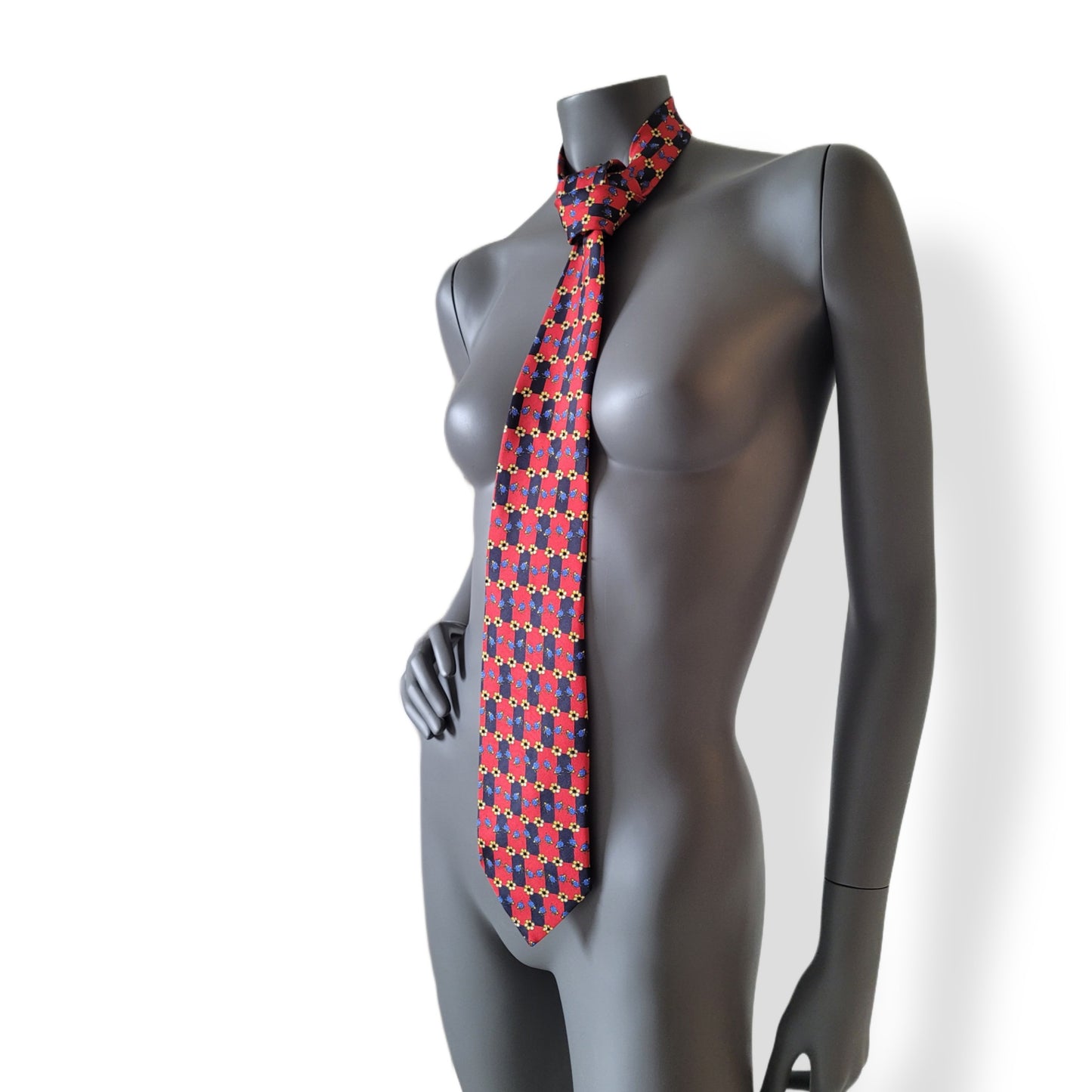 Another Dance collection: Bugs tie, vintage checked black and red silk necktie with printed blue ladybugs and yellow flowers adorned with black glass crystals