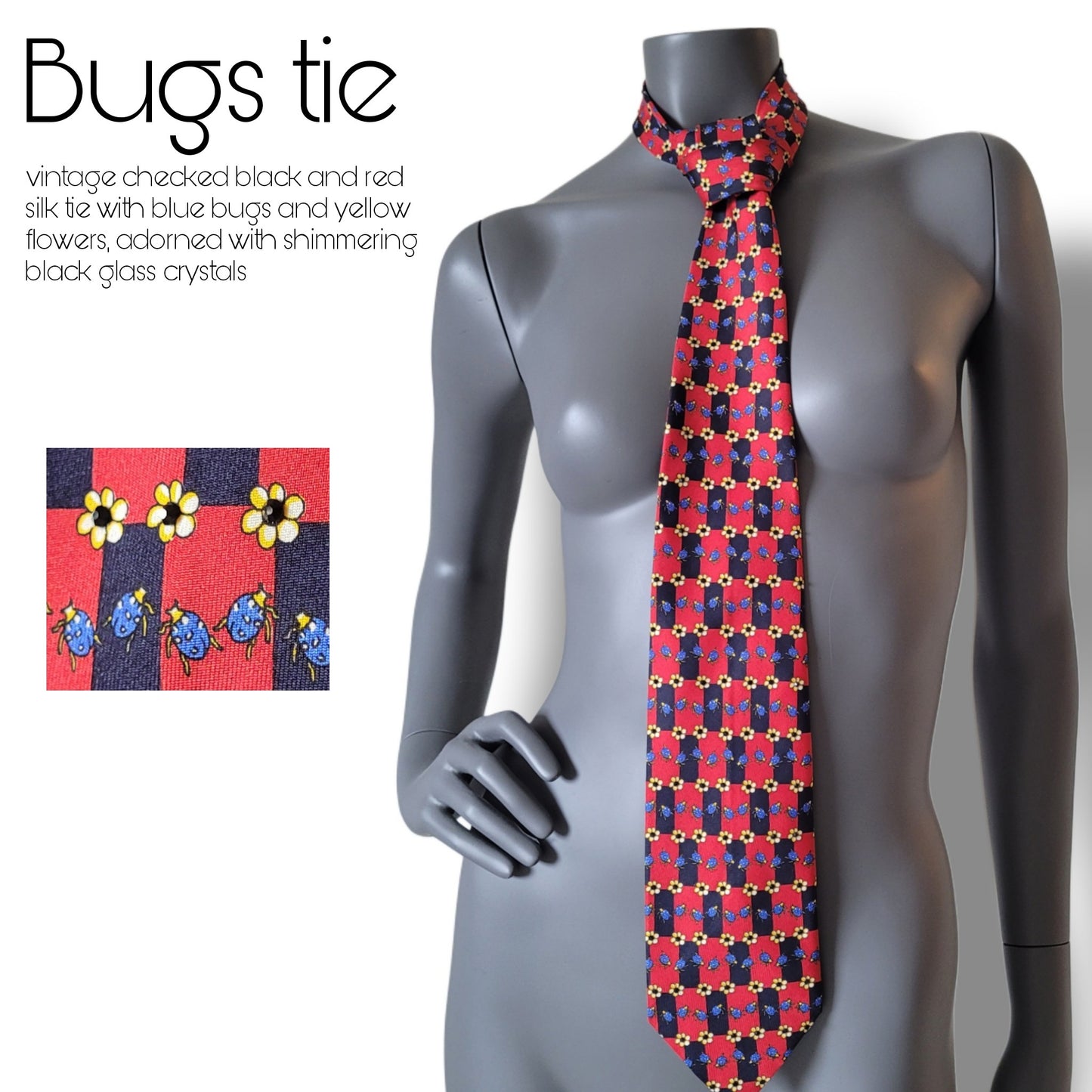 Another Dance collection: Bugs tie, vintage checked black and red silk necktie with printed blue ladybugs and yellow flowers adorned with black glass crystals