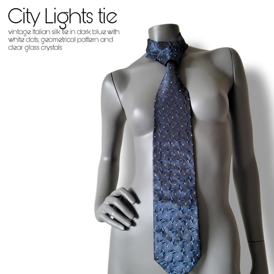 Another Dance collection: City Lights tie, vintage dark blue silk necktie with white dots, geometrical pattern and clear glass crystals