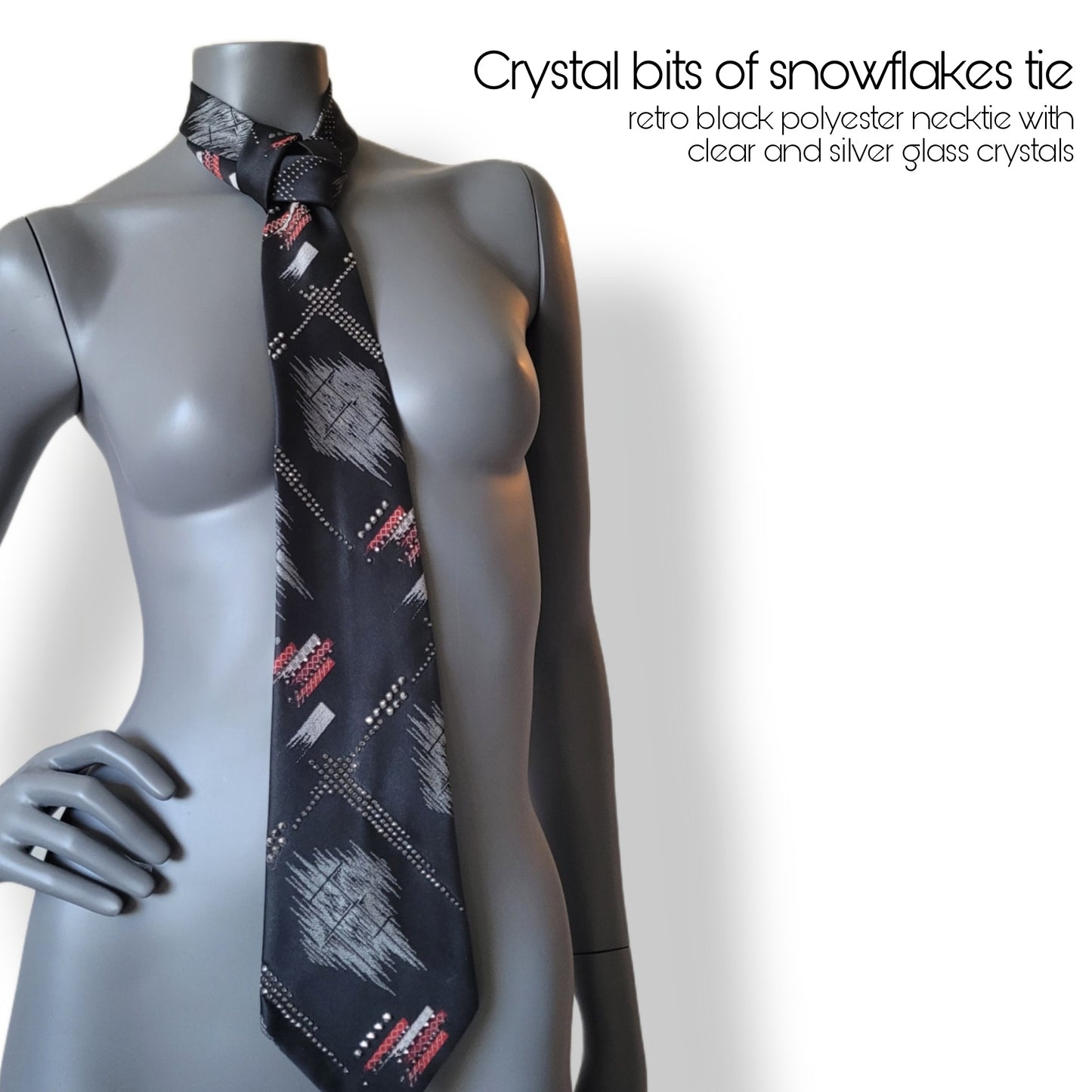 Another Dance collection: Crystal bits of Snowflakes tie, retro polyester necktie with silver glass crystals