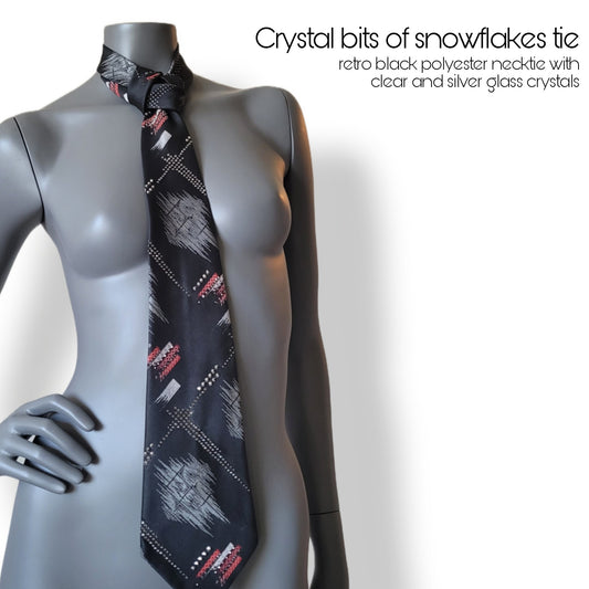 Another Dance collection: Crystal bits of Snowflakes tie, retro polyester necktie with silver glass crystals