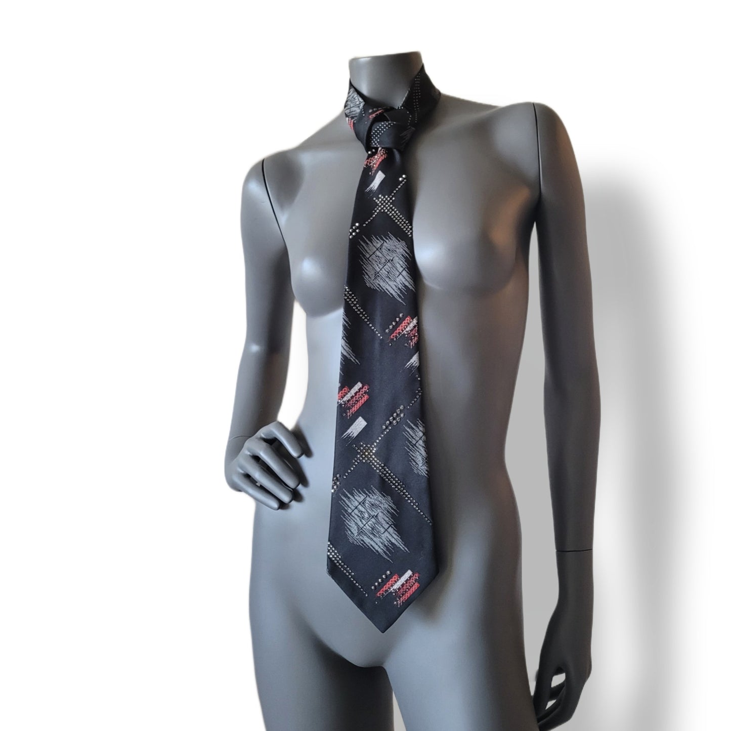 Another Dance collection: Crystal bits of Snowflakes tie, retro polyester necktie with silver glass crystals