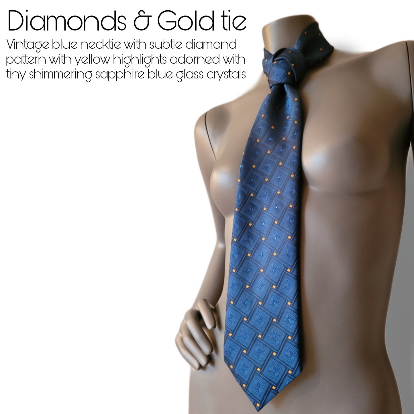 Another Dance collection: Diamonds & Gold tie, vintage blue necktie with subtle diamond pattern with yellow highlights adorned with tiny shimmering sapphire blue glass crystals