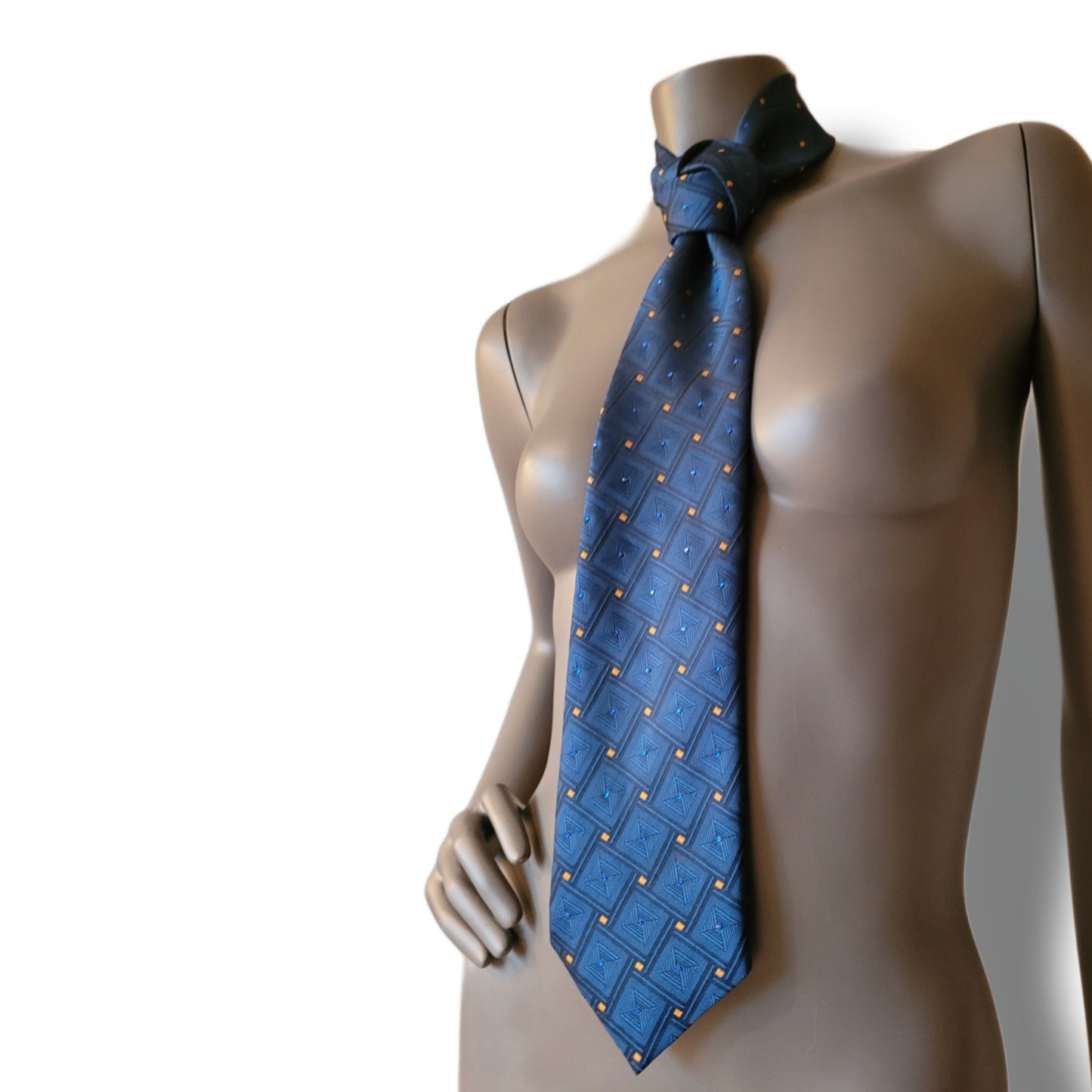 Another Dance collection: Diamonds & Gold tie, vintage blue necktie with subtle diamond pattern with yellow highlights adorned with tiny shimmering sapphire blue glass crystals