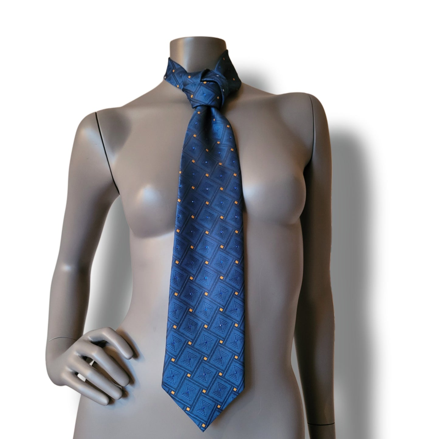 Another Dance collection: Diamonds & Gold tie, vintage blue necktie with subtle diamond pattern with yellow highlights adorned with tiny shimmering sapphire blue glass crystals