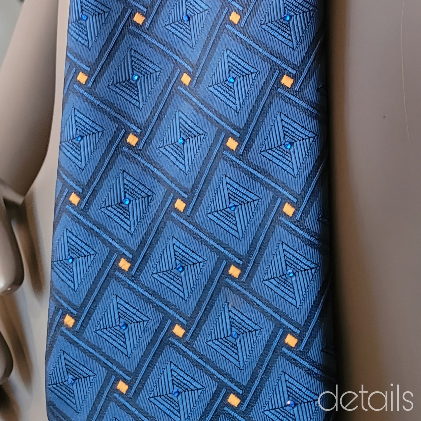 Another Dance collection: Diamonds & Gold tie, vintage blue necktie with subtle diamond pattern with yellow highlights adorned with tiny shimmering sapphire blue glass crystals