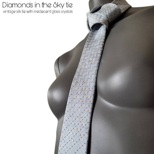 Another Dance collection: Diamonds in the Sky tie, vintage silk necktie with irredecent glass crystals in zig zag pattern
