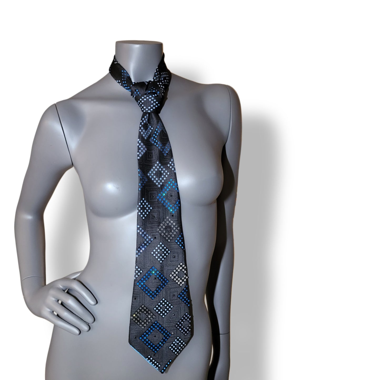 Another Dance collection: Empire State of Mind tie, original 70's retro woven black polyester necktie with geometrical pattern in shades of blue and shimmering glass crystals in matching colours