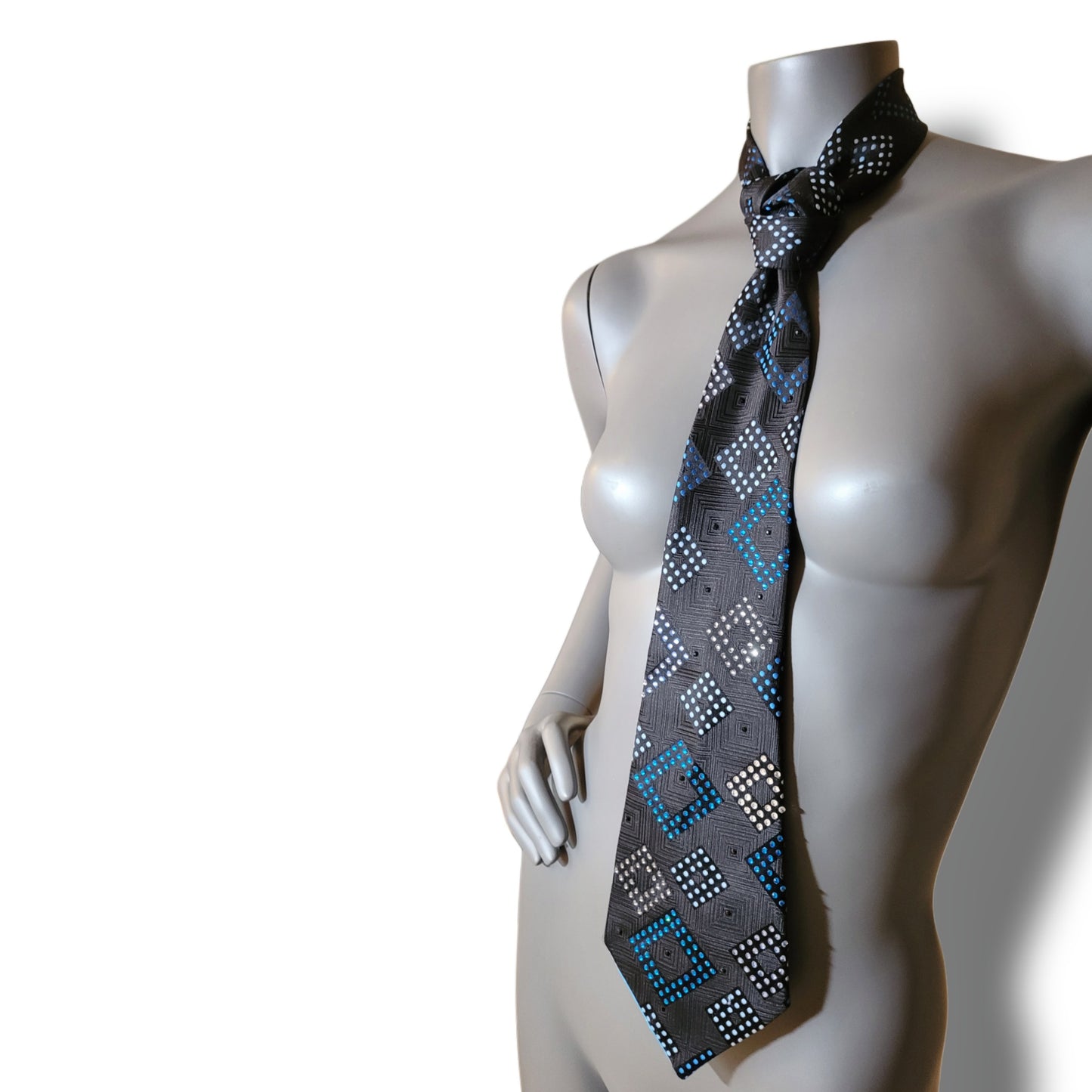 Another Dance collection: Empire State of Mind tie, original 70's retro woven black polyester necktie with geometrical pattern in shades of blue and shimmering glass crystals in matching colours