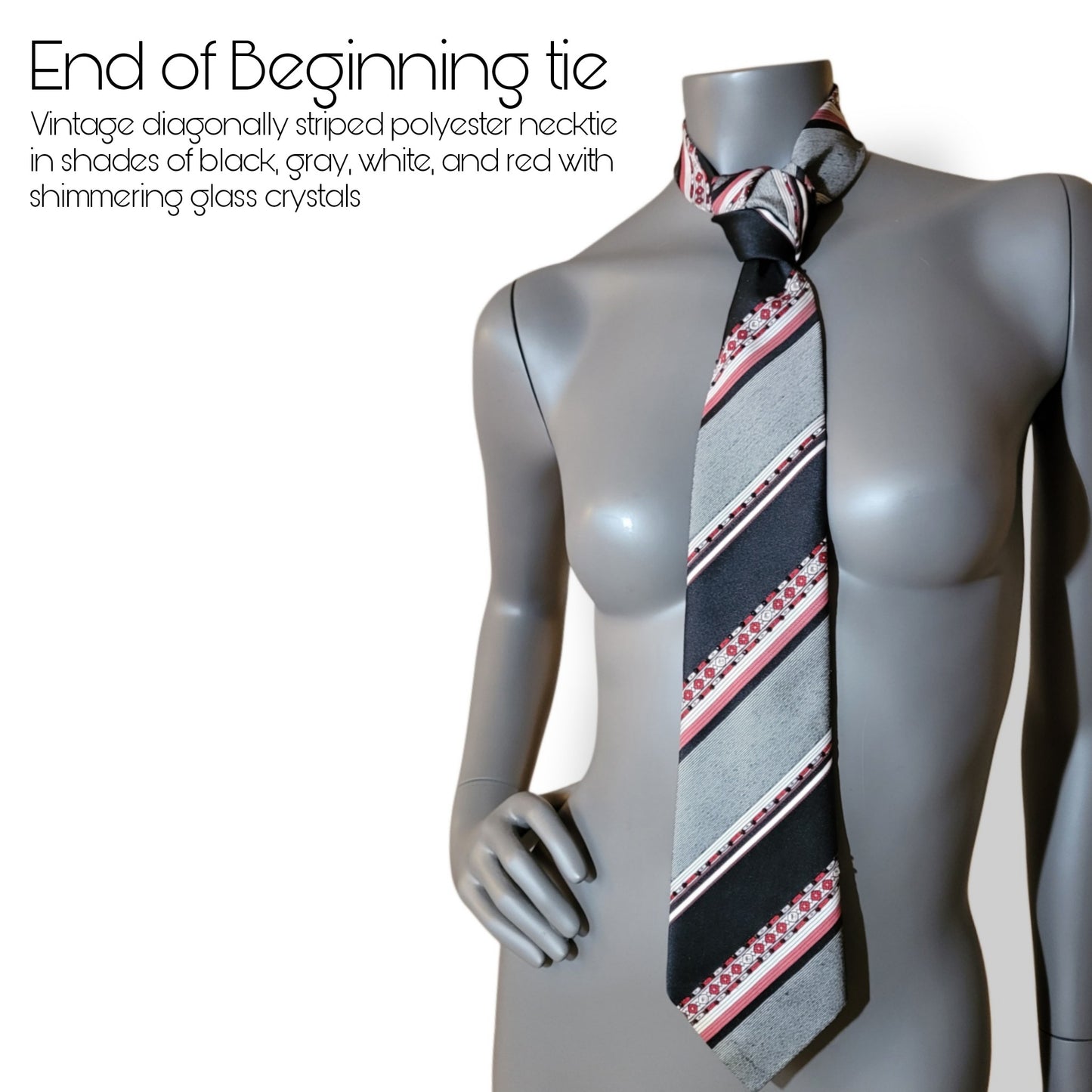 Another Dance collection: End of Beginning tie, original 70's retro diagonally striped polyester necktie in shades of black, gray, white and red adorned with shimmering glass crystals