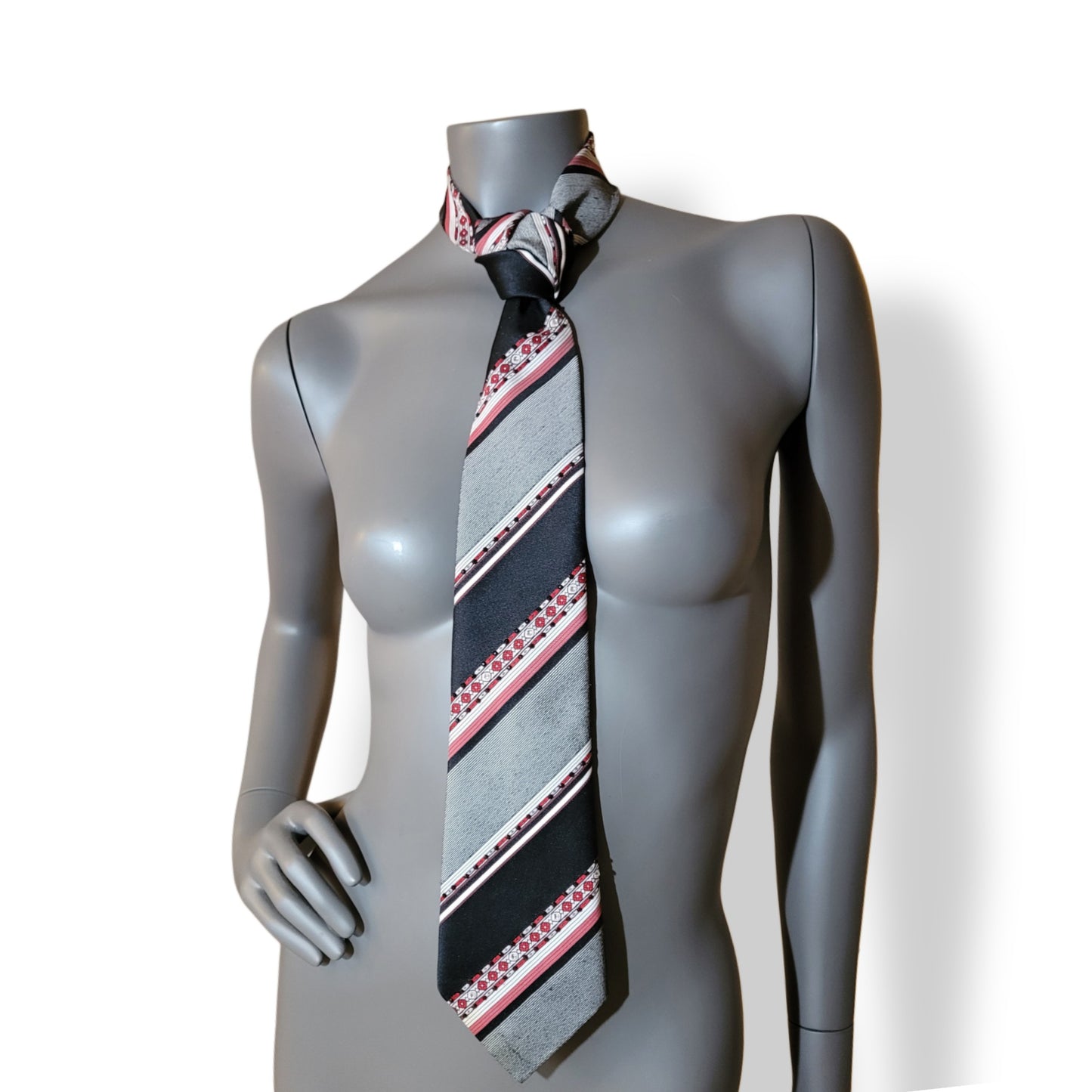 Another Dance collection: End of Beginning tie, original 70's retro diagonally striped polyester necktie in shades of black, gray, white and red adorned with shimmering glass crystals