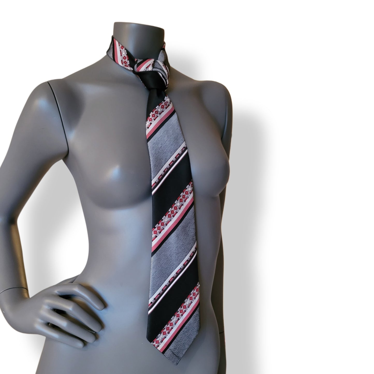 Another Dance collection: End of Beginning tie, original 70's retro diagonally striped polyester necktie in shades of black, gray, white and red adorned with shimmering glass crystals