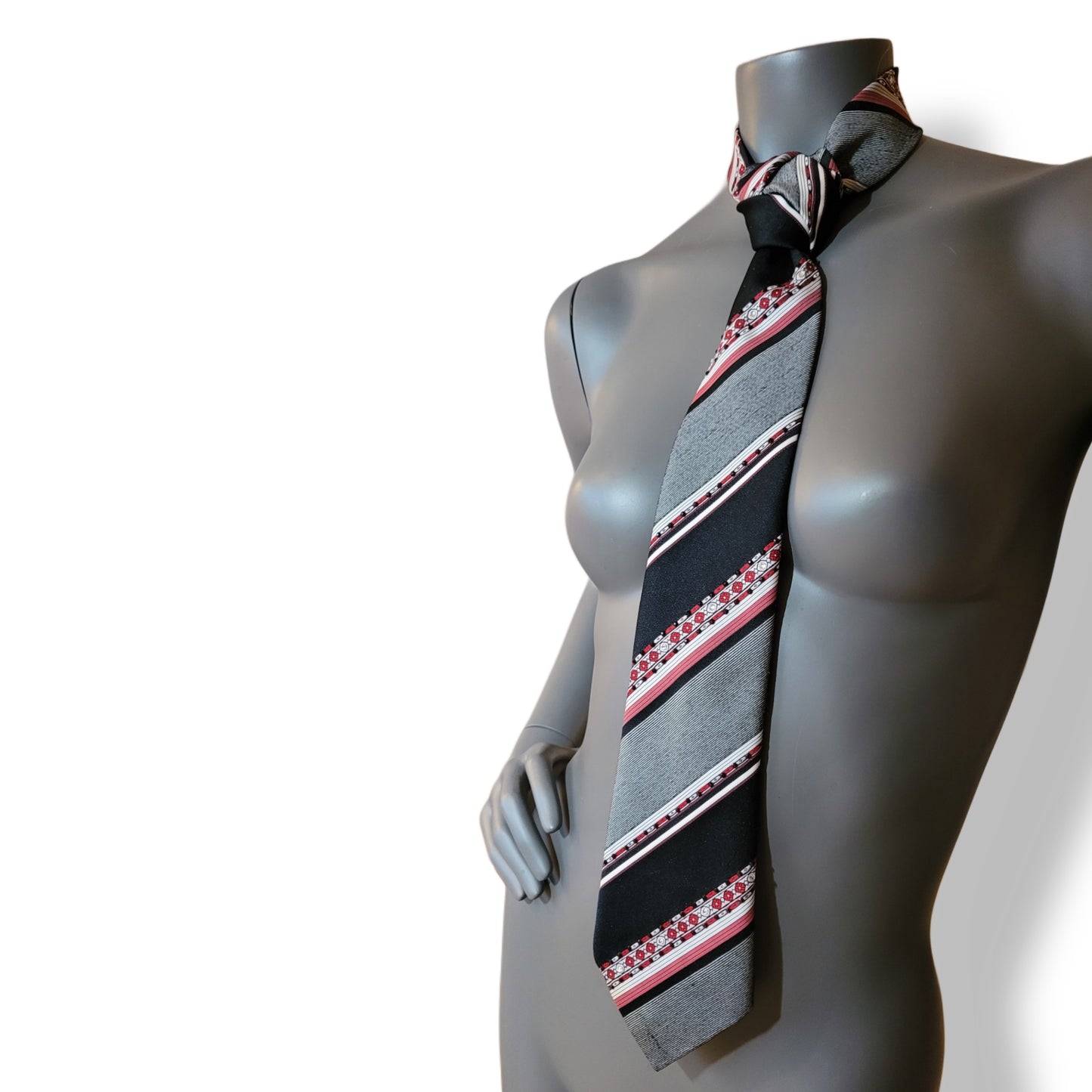 Another Dance collection: End of Beginning tie, original 70's retro diagonally striped polyester necktie in shades of black, gray, white and red adorned with shimmering glass crystals