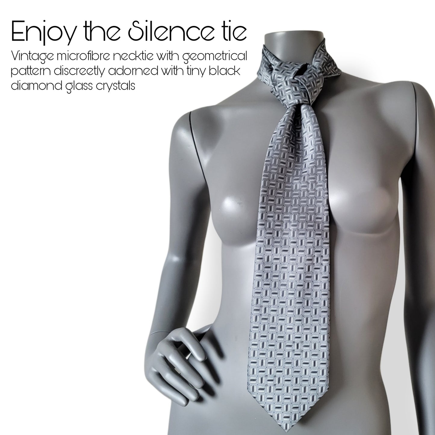 Another Dance collection: Enjoy the Silence tie, vintage microfibre necktie with geometrical pattern discreetly adorned with small black diamond glass crystals