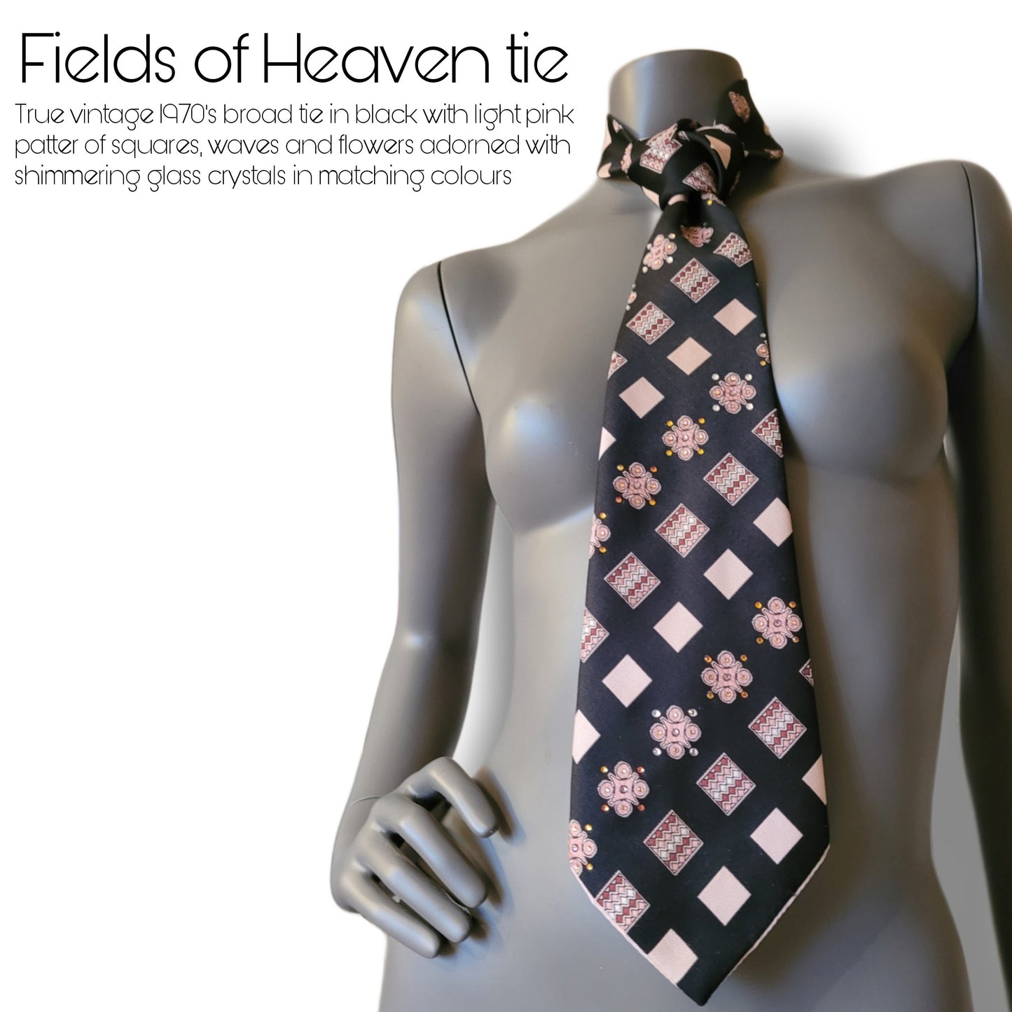 Another Dance collection: Fields of Heaven tie, original 70's retro black polyester necktie with square, wave, and flower pattern in pink and burgundy, adorned with shimmering glass crystals in matching shades