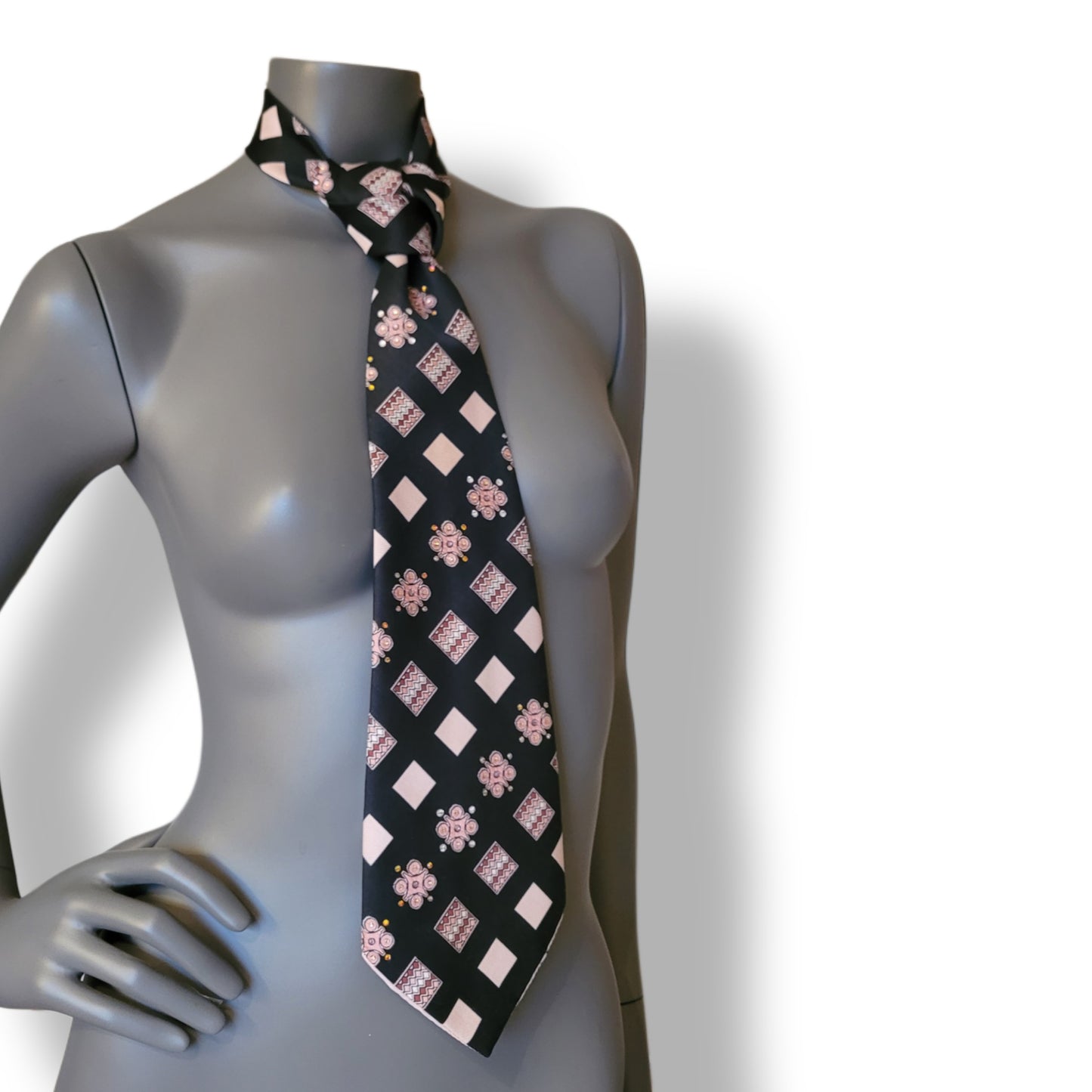 Another Dance collection: Fields of Heaven tie, original 70's retro black polyester necktie with square, wave, and flower pattern in pink and burgundy, adorned with shimmering glass crystals in matching shades