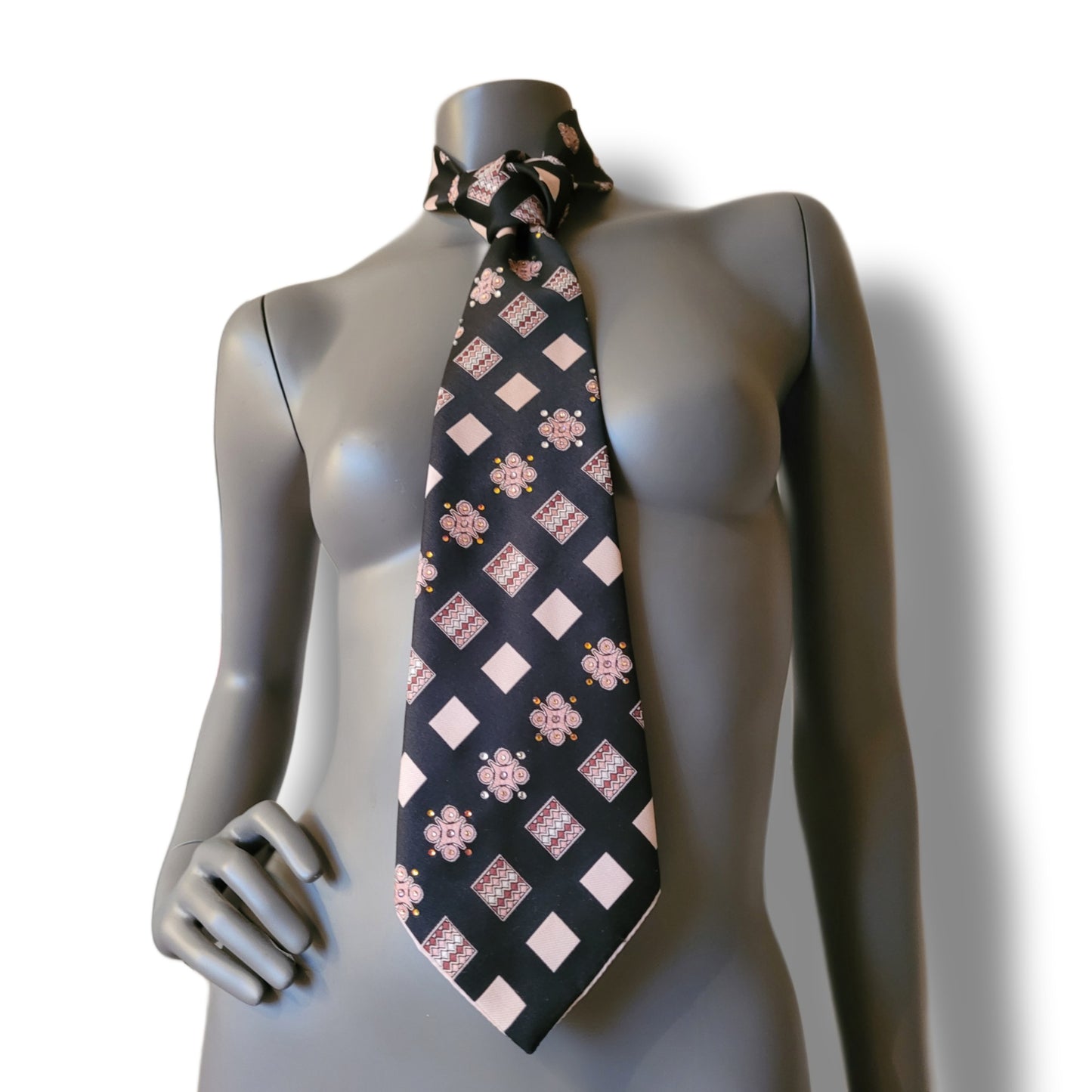 Another Dance collection: Fields of Heaven tie, original 70's retro black polyester necktie with square, wave, and flower pattern in pink and burgundy, adorned with shimmering glass crystals in matching shades