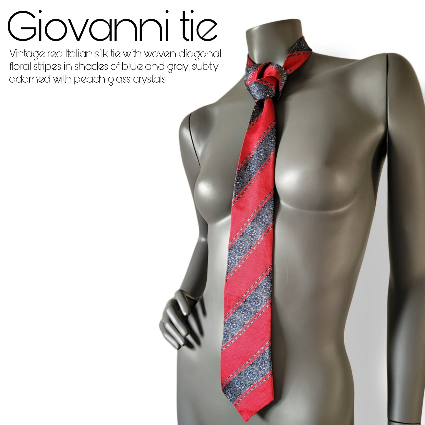 Tie it Together collection: Giovanni tie, vintage classic Italian silk necktie in red and blue with peach glass crystals