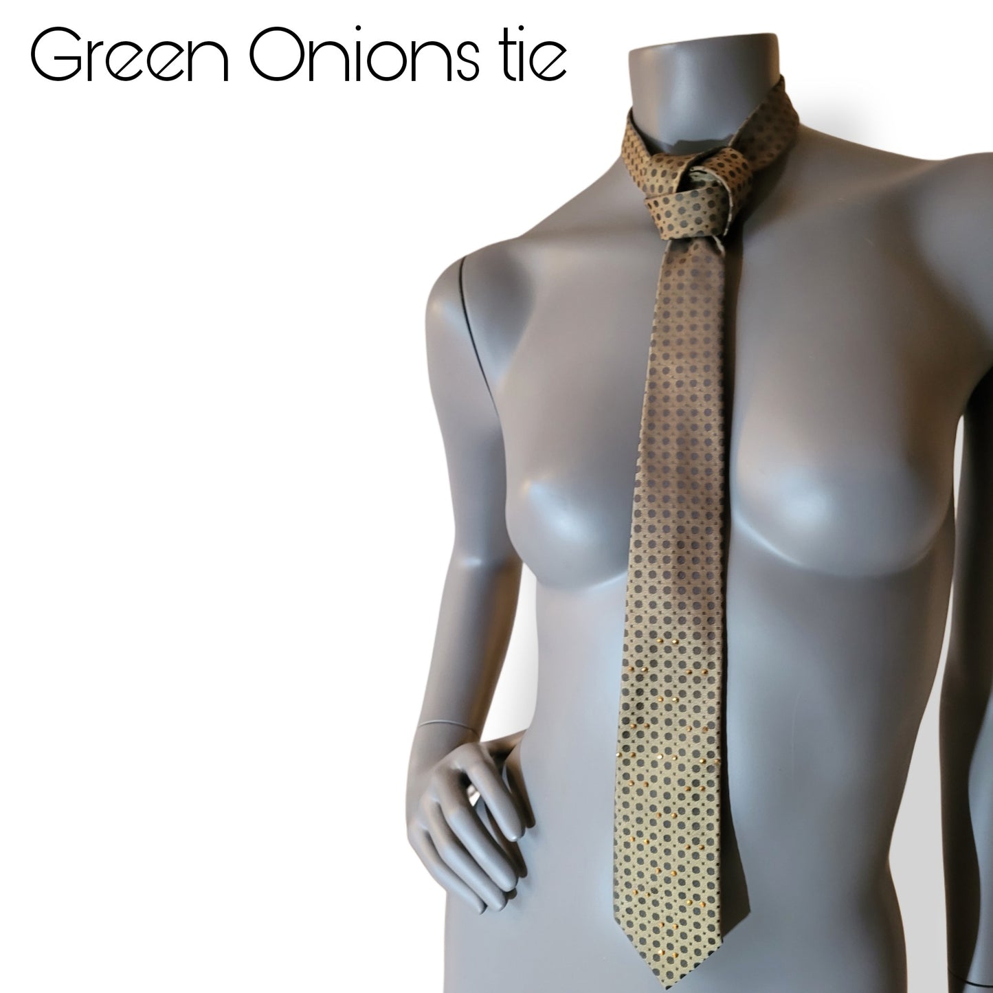 Another Dance collection: Green Onions tie, retro slim late original 60's early 70's synthetic necktie in an olive green shade with darker dots adorned with shimmering golden glass crystals