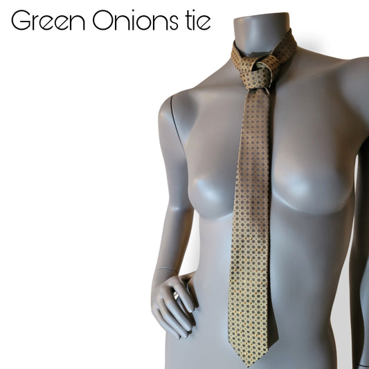 Another Dance collection: Green Onions tie, retro slim late original 60's early 70's synthetic necktie in an olive green shade with darker dots adorned with shimmering golden glass crystals