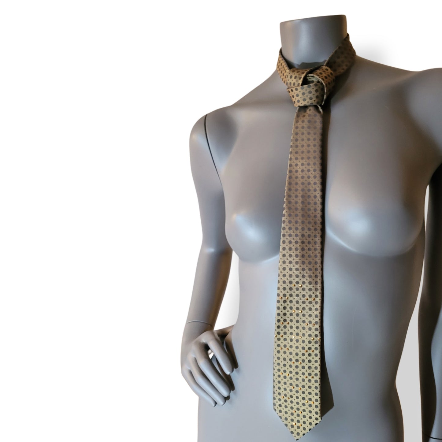 Another Dance collection: Green Onions tie, retro slim late original 60's early 70's synthetic necktie in an olive green shade with darker dots adorned with shimmering golden glass crystals