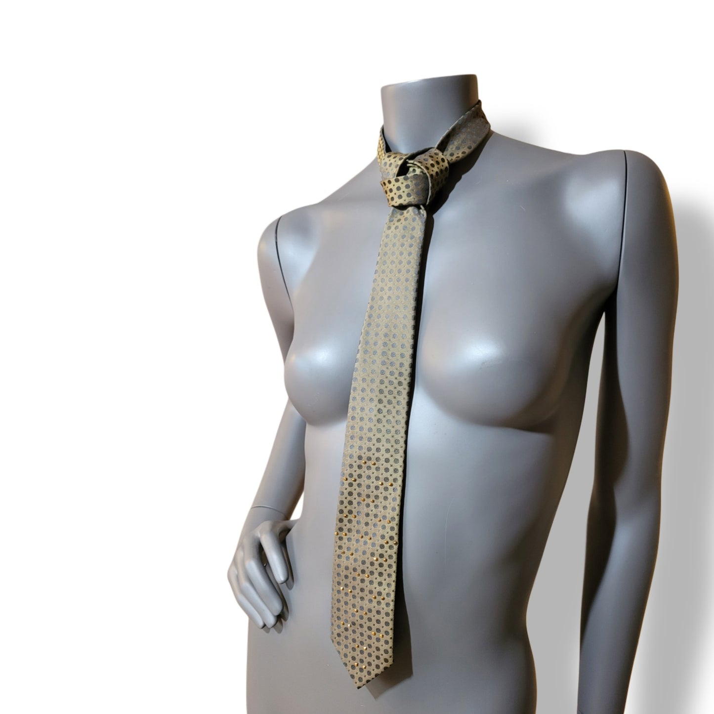 Another Dance collection: Green Onions tie, retro slim late original 60's early 70's synthetic necktie in an olive green shade with darker dots adorned with shimmering golden glass crystals