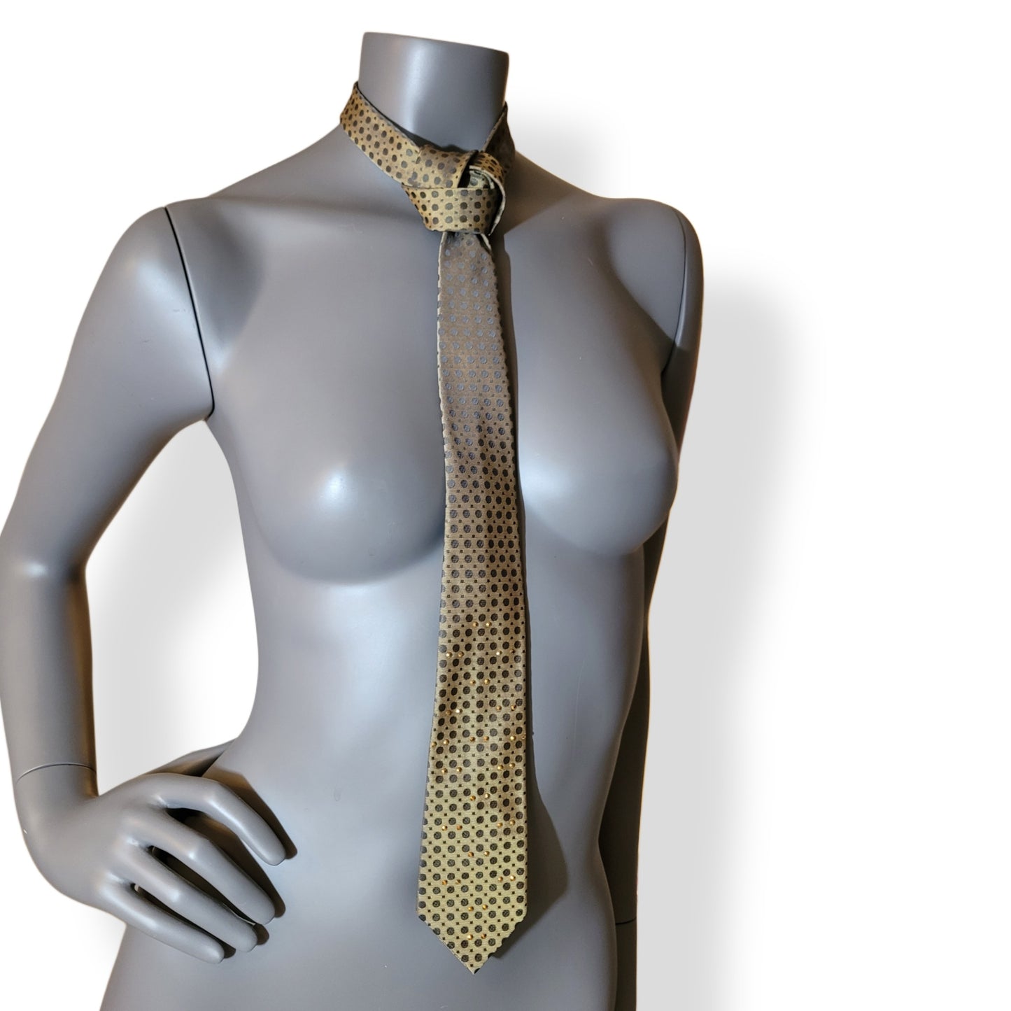 Another Dance collection: Green Onions tie, retro slim late original 60's early 70's synthetic necktie in an olive green shade with darker dots adorned with shimmering golden glass crystals