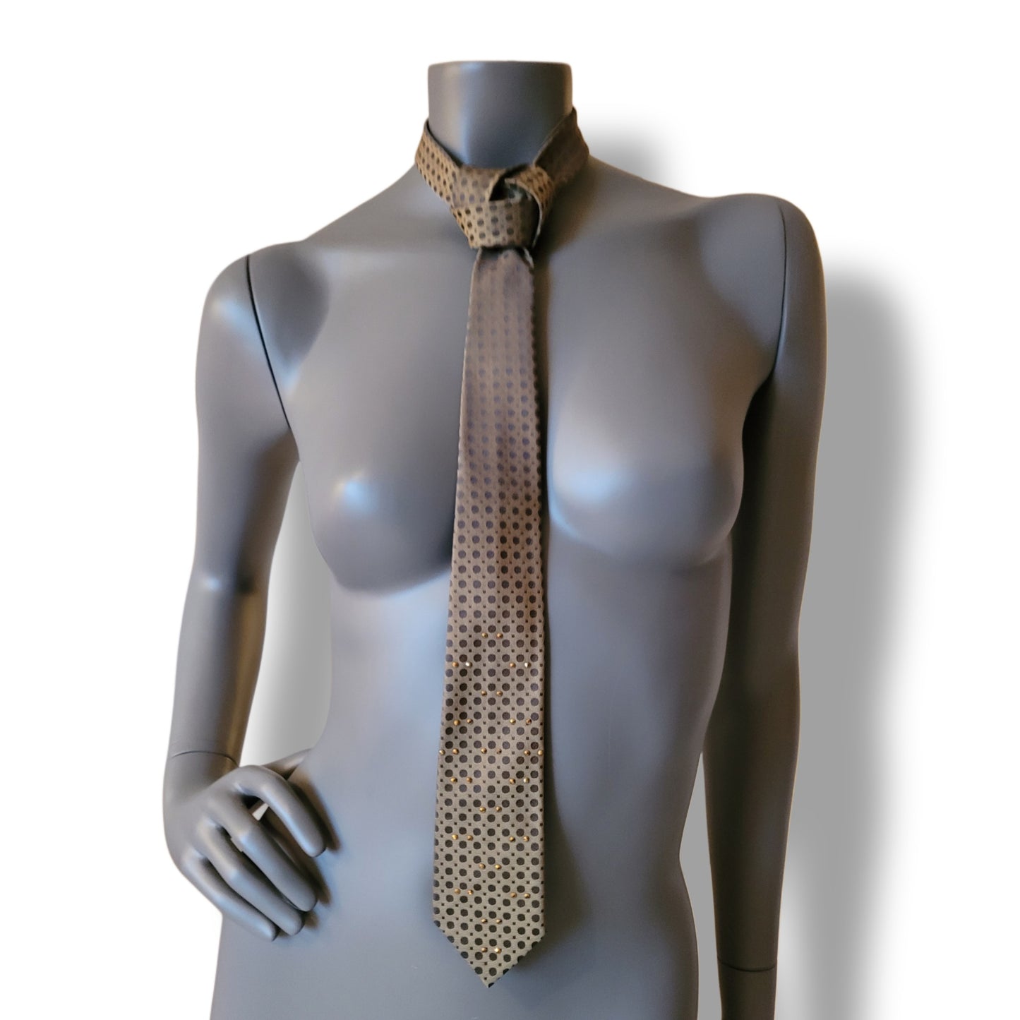 Another Dance collection: Green Onions tie, retro slim late original 60's early 70's synthetic necktie in an olive green shade with darker dots adorned with shimmering golden glass crystals