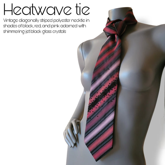 Another Dance collection: Heatwave tie, vintage diagonally striped necktie in shades of black, red, and pink adorned with jet black glass crystals