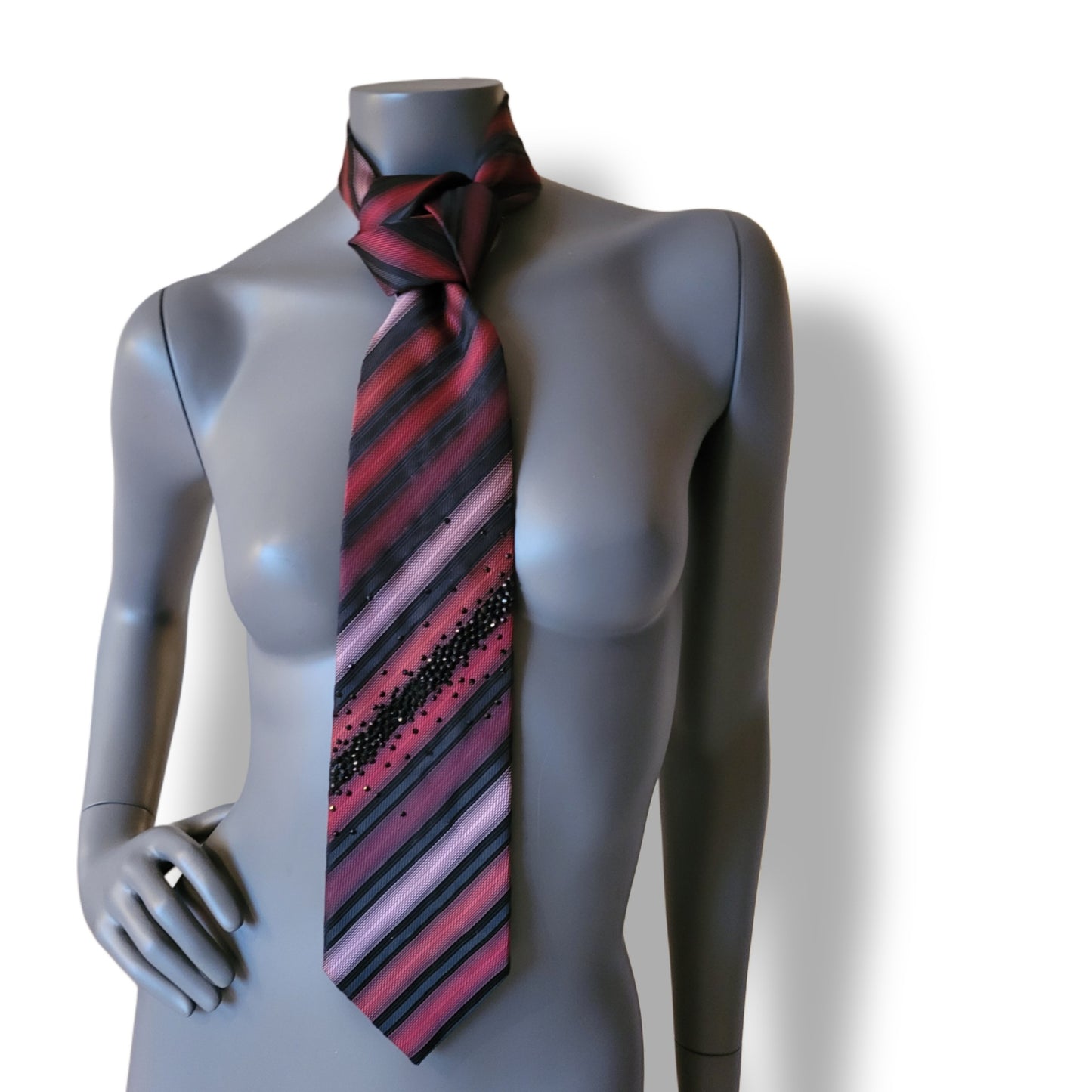 Another Dance collection: Heatwave tie, vintage diagonally striped necktie in shades of black, red, and pink adorned with jet black glass crystals