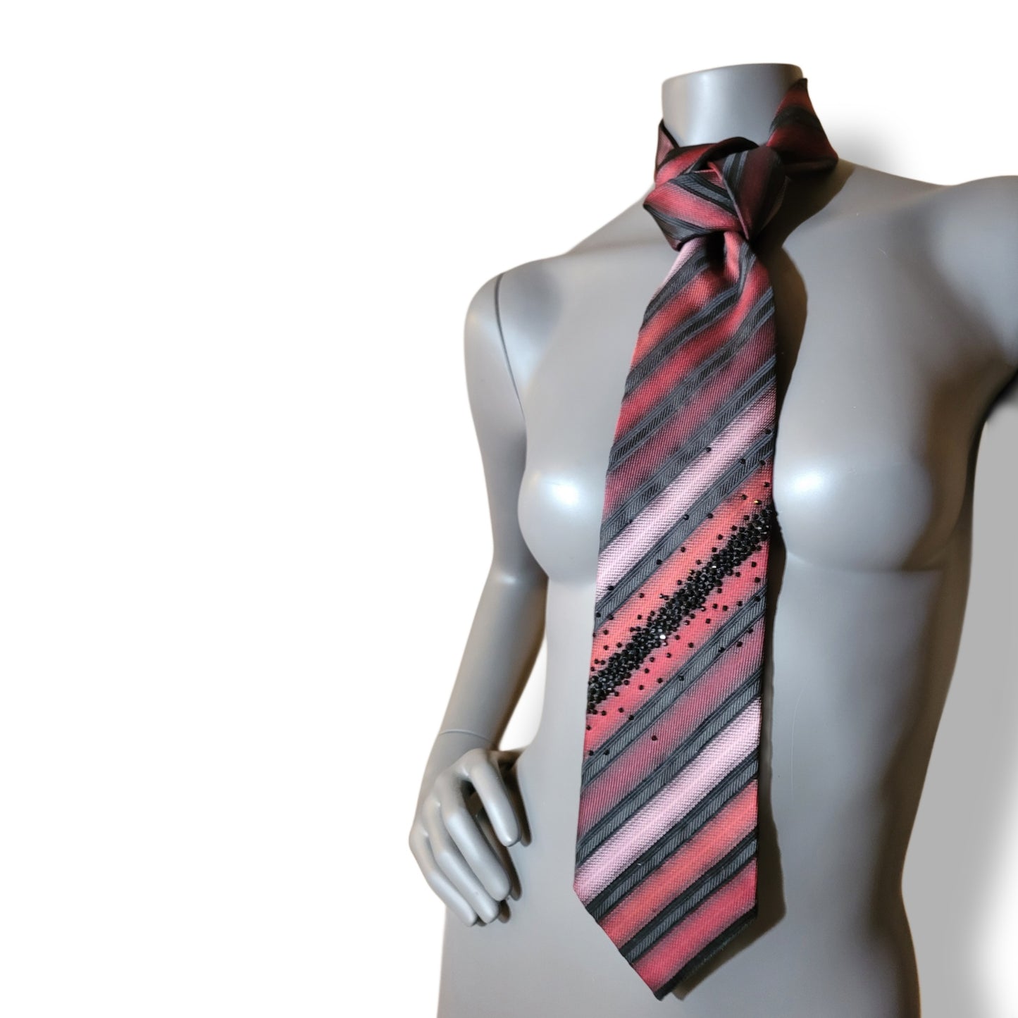 Another Dance collection: Heatwave tie, vintage diagonally striped necktie in shades of black, red, and pink adorned with jet black glass crystals