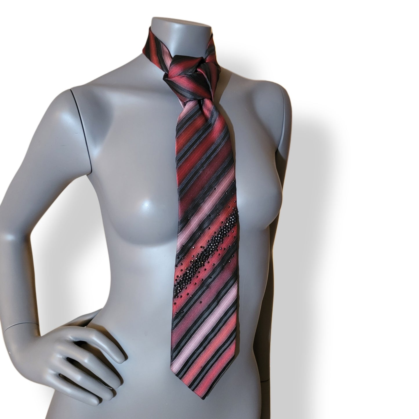 Another Dance collection: Heatwave tie, vintage diagonally striped necktie in shades of black, red, and pink adorned with jet black glass crystals