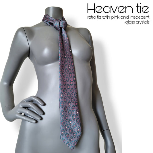 Another Dance collection: Heaven tie, vintage necktie in thinly striped pink and green with medallion pattern adorned with irredecent and pink glass crystals