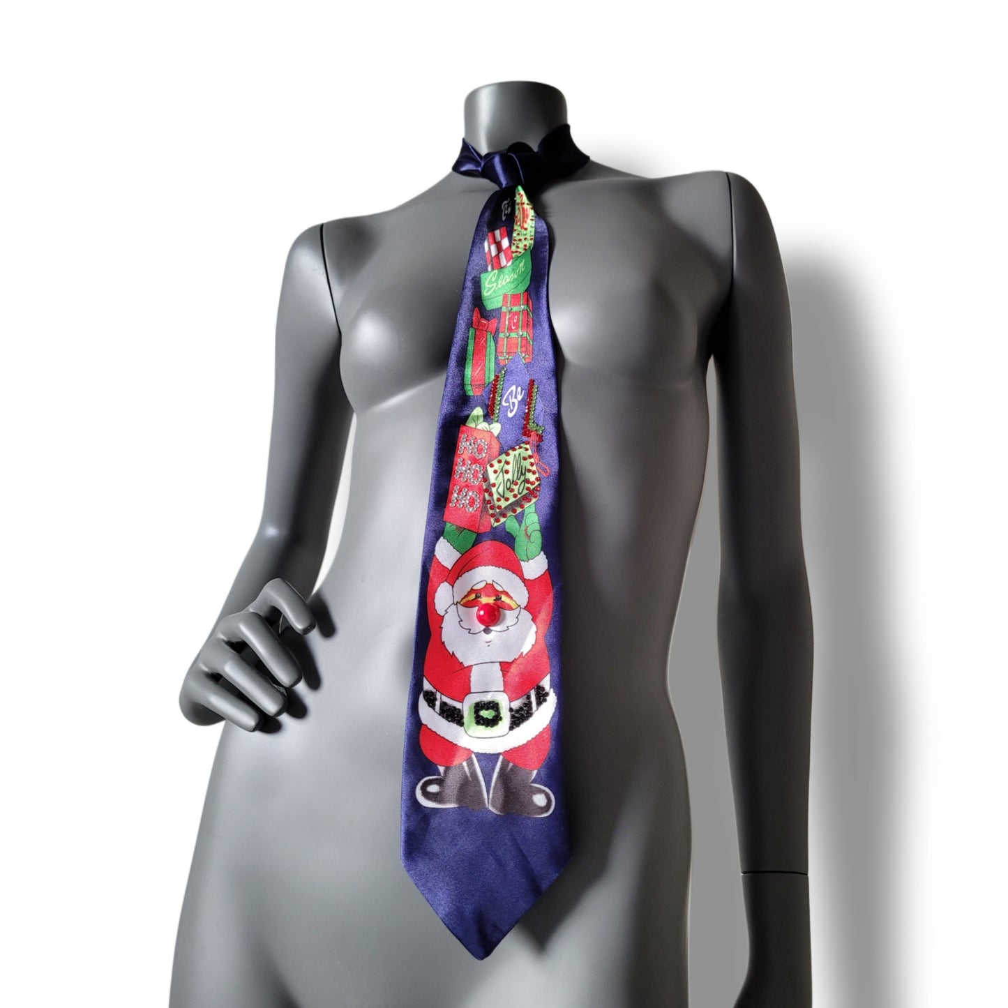 Another Dance collection: Hey Ho tie, maybe the ugliest Christmas tie ever seen, dark marine blue polyester necktie with Santa Claus holding a bunch of gifts adorned with shimmering glass crystals