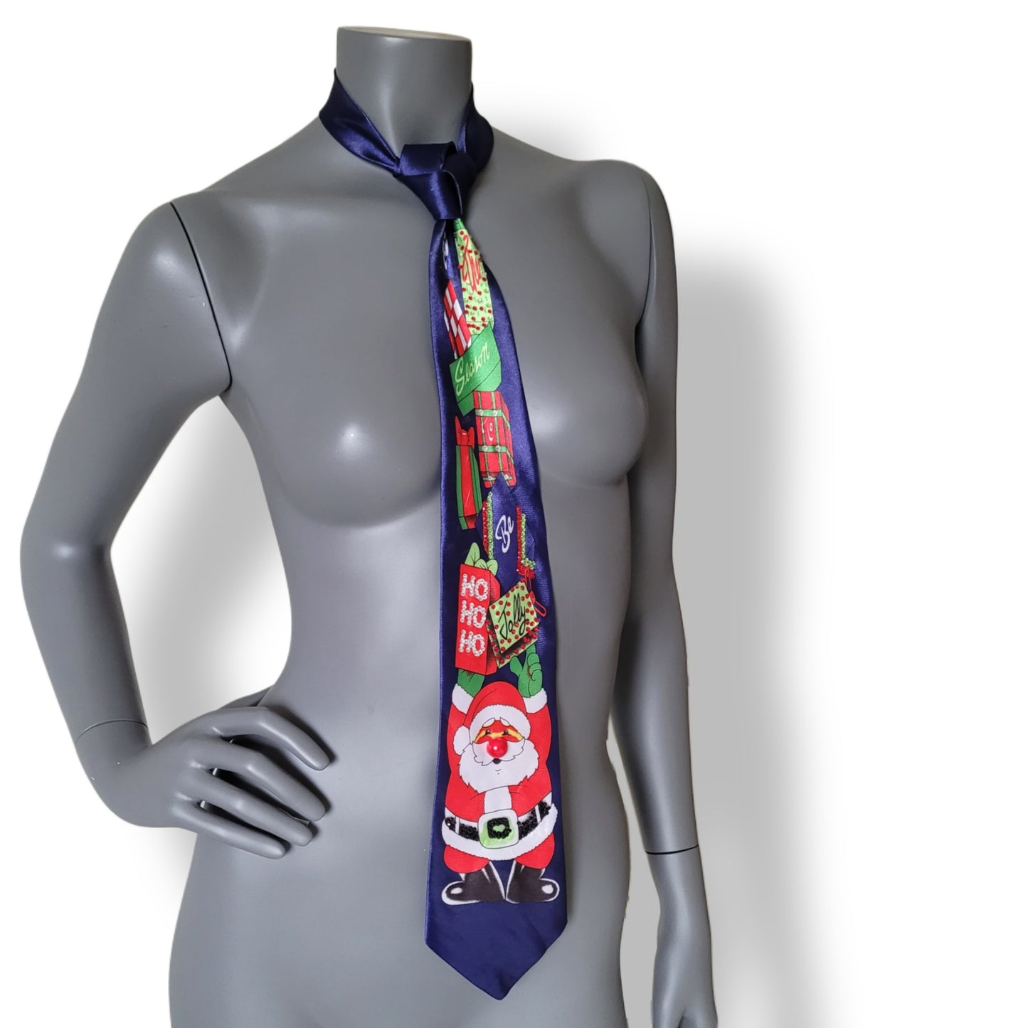 Another Dance collection: Hey Ho tie, maybe the ugliest Christmas tie ever seen, dark marine blue polyester necktie with Santa Claus holding a bunch of gifts adorned with shimmering glass crystals