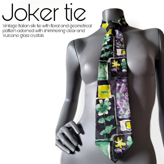 Another Dance collection: Joker tie, retro 90's necktie in black, green, yellow, white and purple with floral and geometrical pattern and clear and Vulcano glass crystals