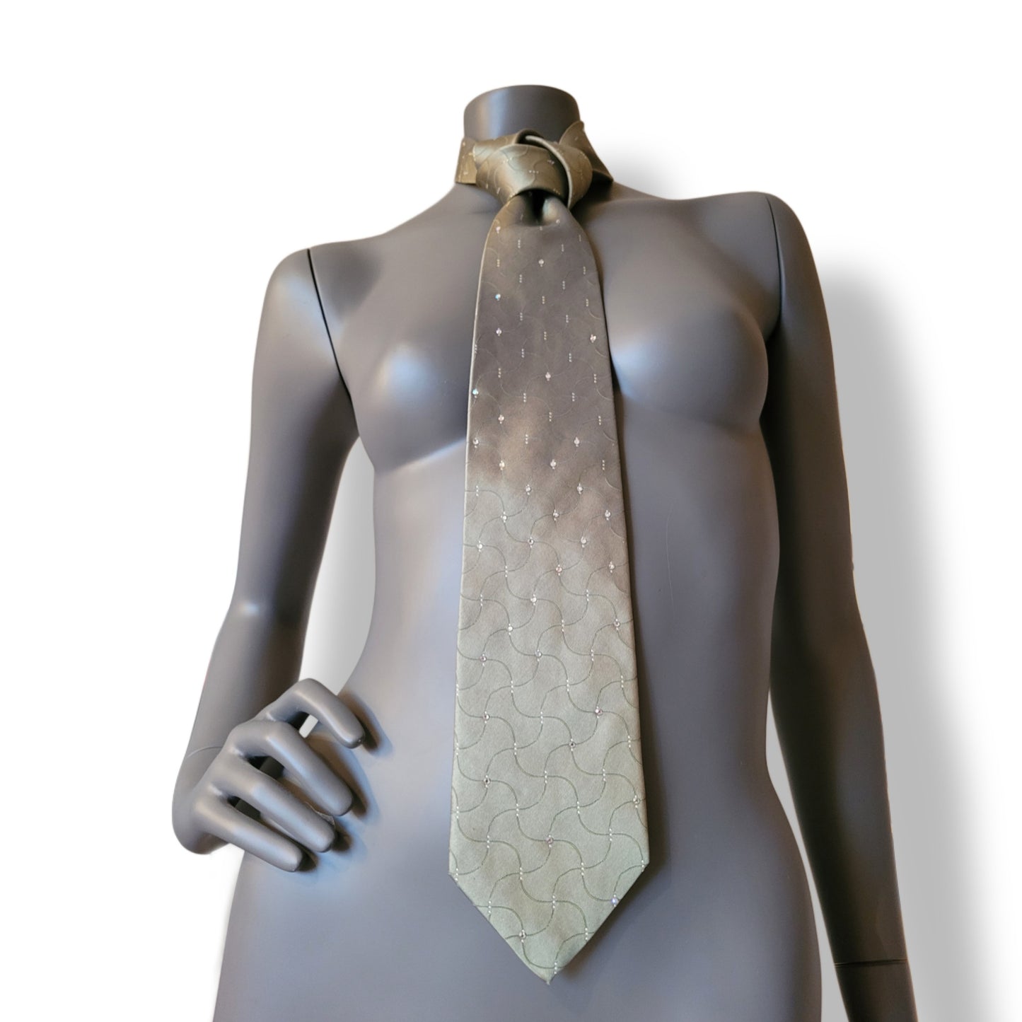 Another Dance collection: Misty Mountains tie, vintage misty light green silk necktie with subtle pattern adorned with shimmering AB glass crystals