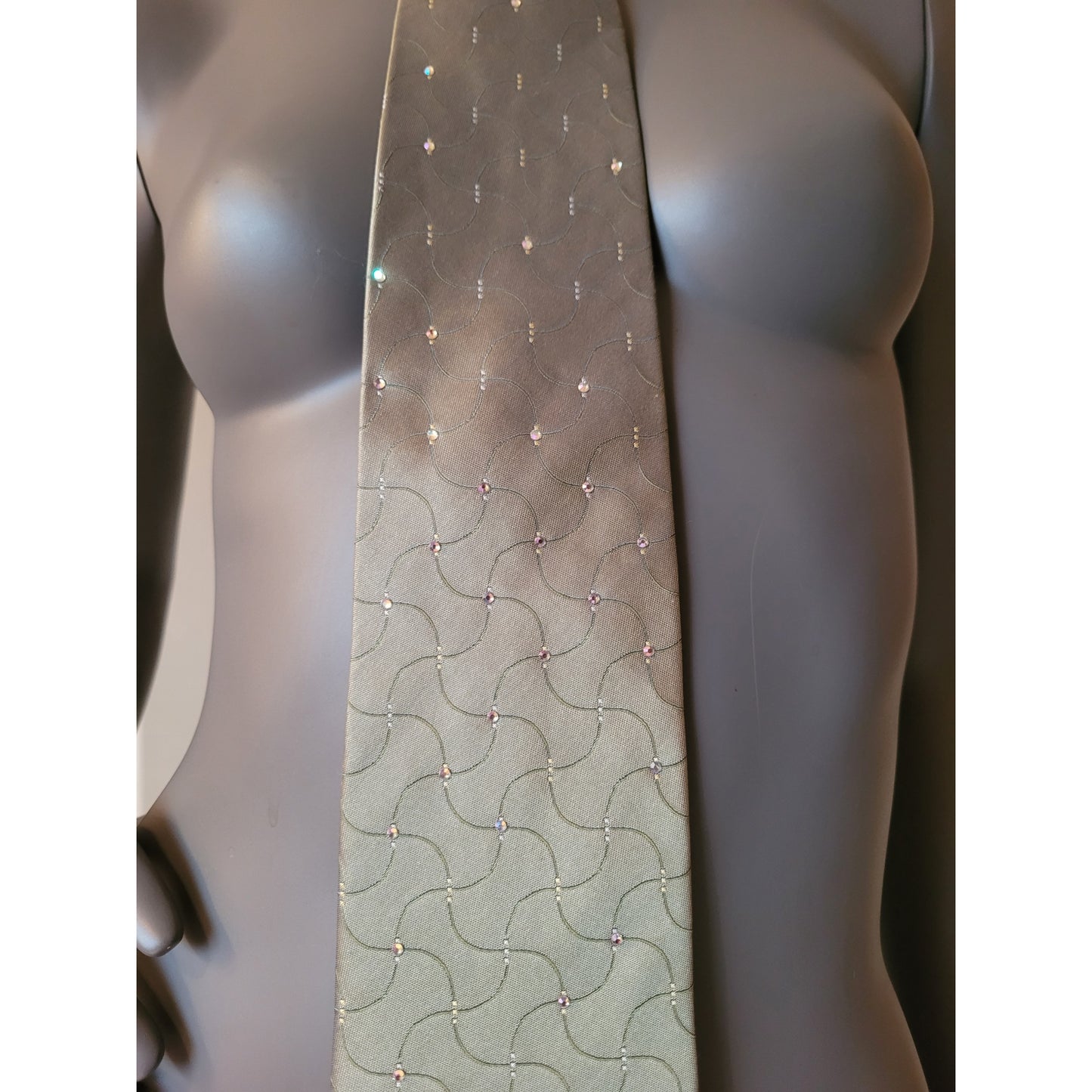 Another Dance collection: Misty Mountains tie, vintage misty light green silk necktie with subtle pattern adorned with shimmering AB glass crystals